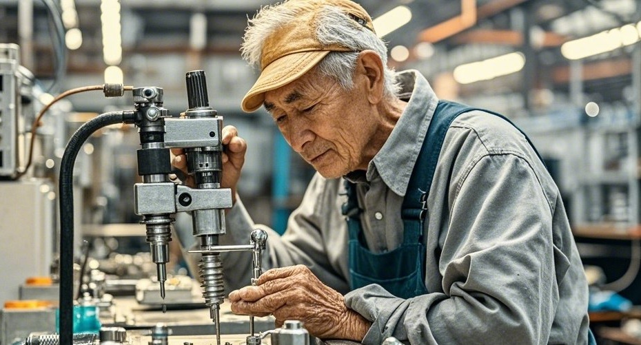 年邁的螺絲工,在車間裡,生產線上勞累的鎖付精密（mì）螺絲.jpg